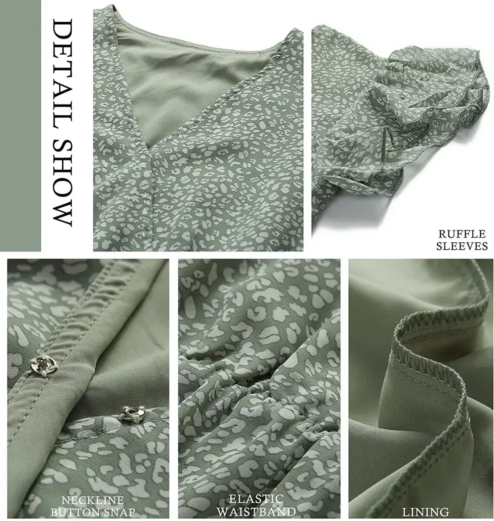 Women Summer Bohemian Floral Casual Wrap V Neck Ruffle Cap Sleeveless Belt A-Line Pleated Hem Swing Midi Sun Dress