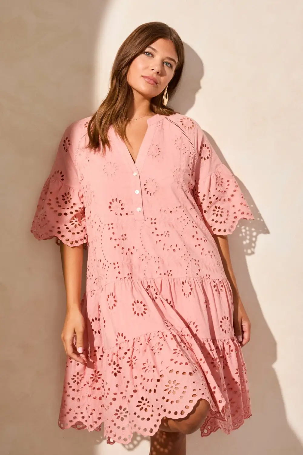 Cotton Eyelet Ruffle Short Sleeve Tiered Dress-Shellpink