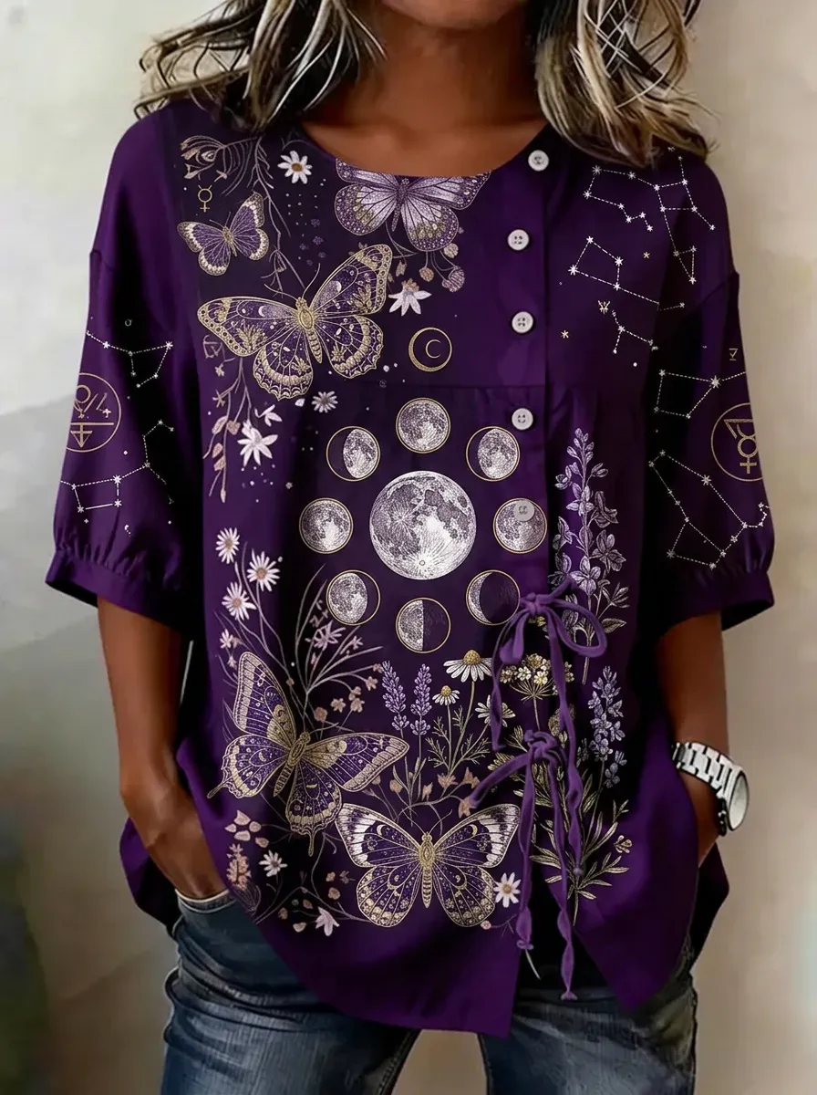 Women's Celestial Butterfly Moon Floral Printed Button-Up Top