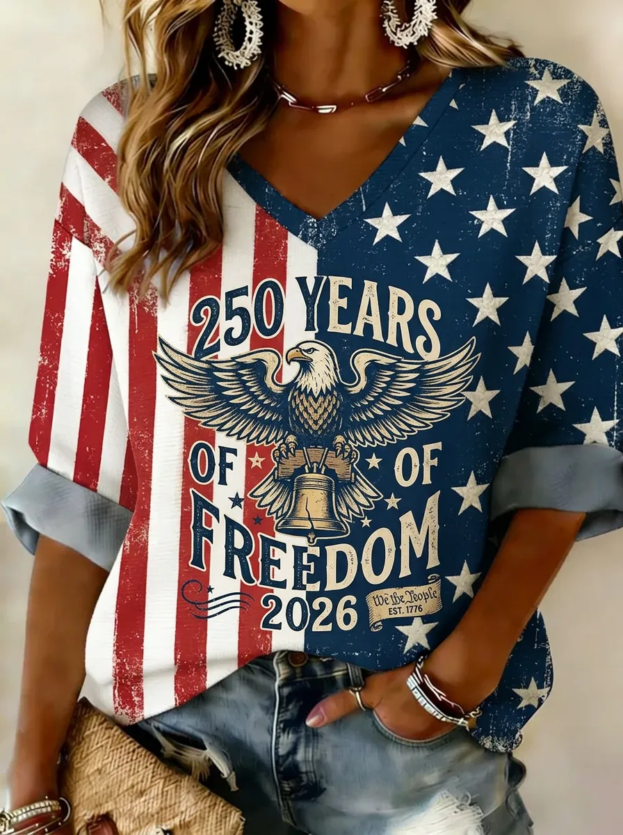 Women's USA Patriotic Eagle Liberty Bell 250 Years Printed V-neck Top