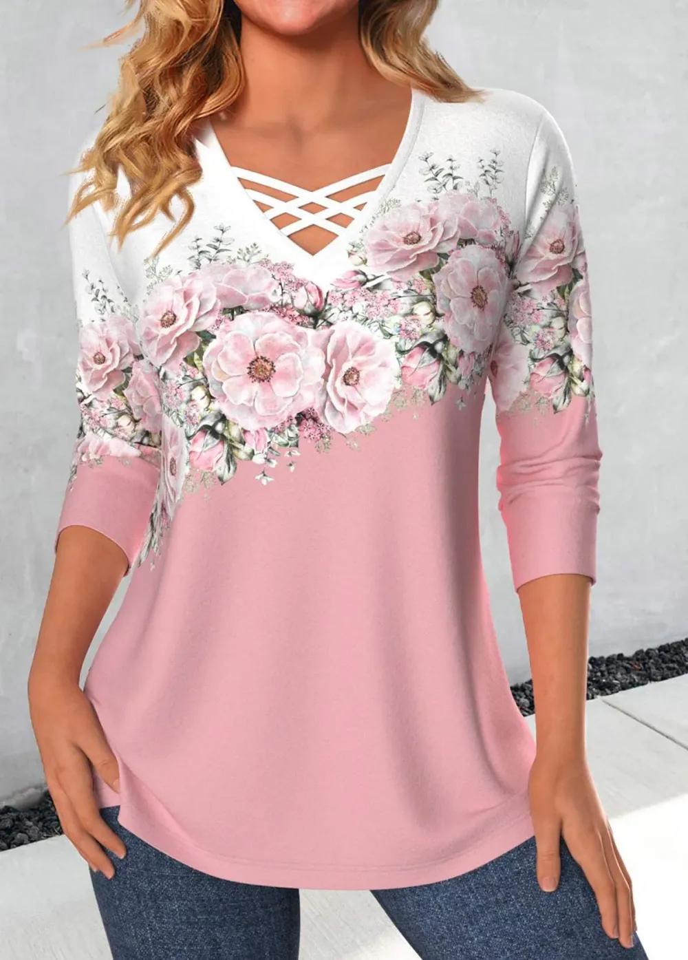 Pink Criss Cross Floral Print T Shirt