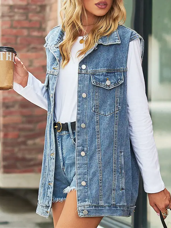 Retro Lapel Neck Denim Vest Outwear