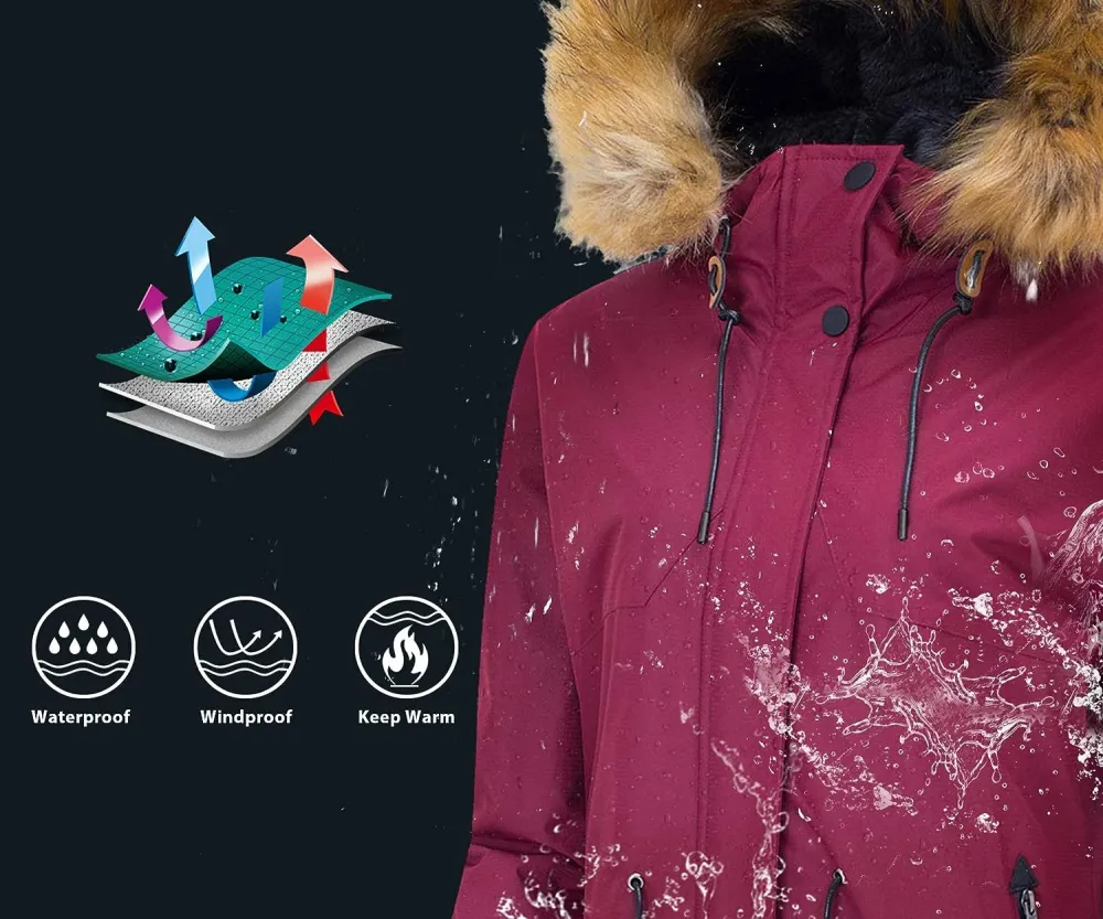 Women's Waterproof Ski Jacket Hooded Winter Snow Coat Mountain Snowboarding Jackets Insulated Fleece Parka