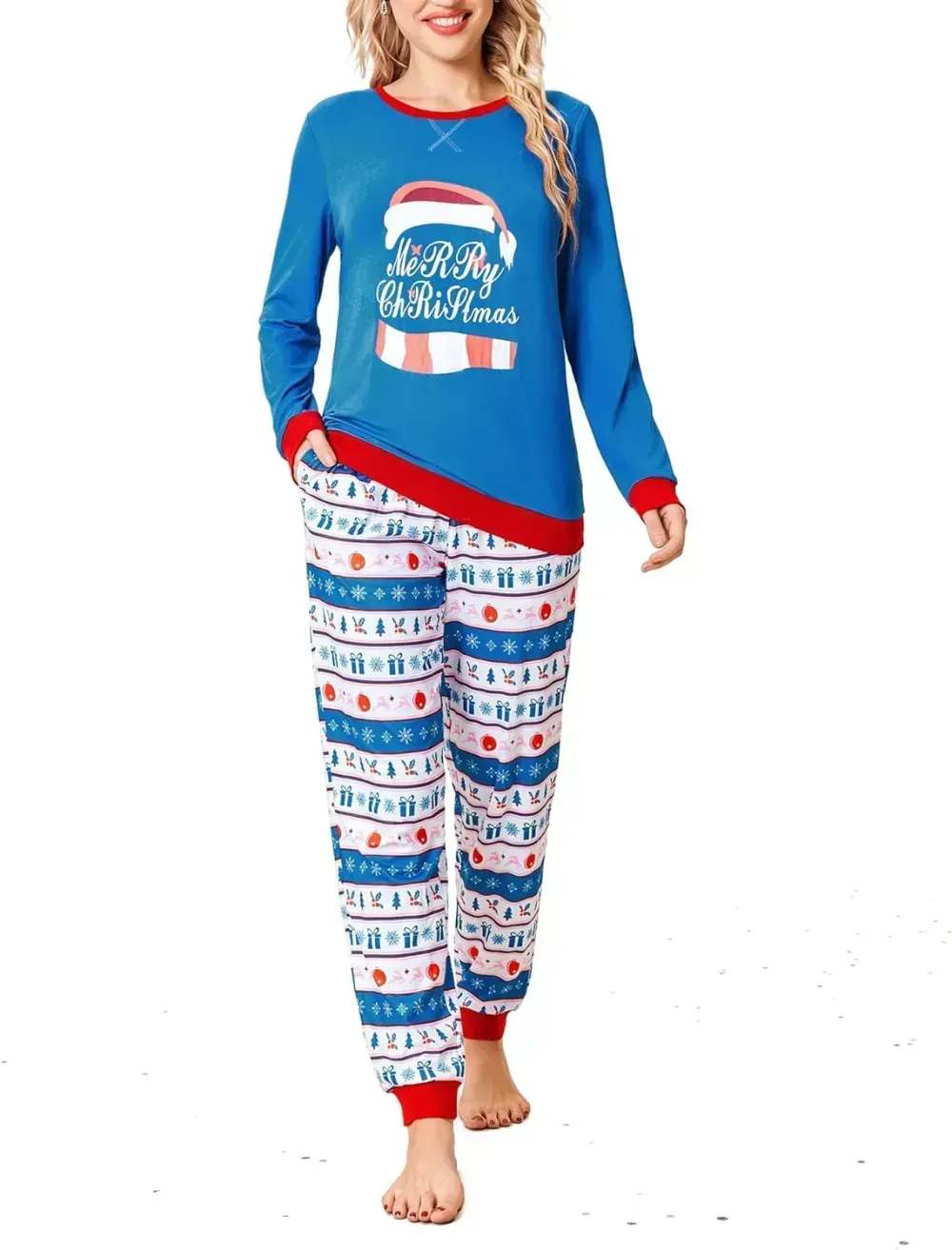 Women's Pajamas Sets Long Sleeve with Plaid Pants Soft Sleepwear O Neck 2 Piece Pjs Joggers Loung Set with Pockets