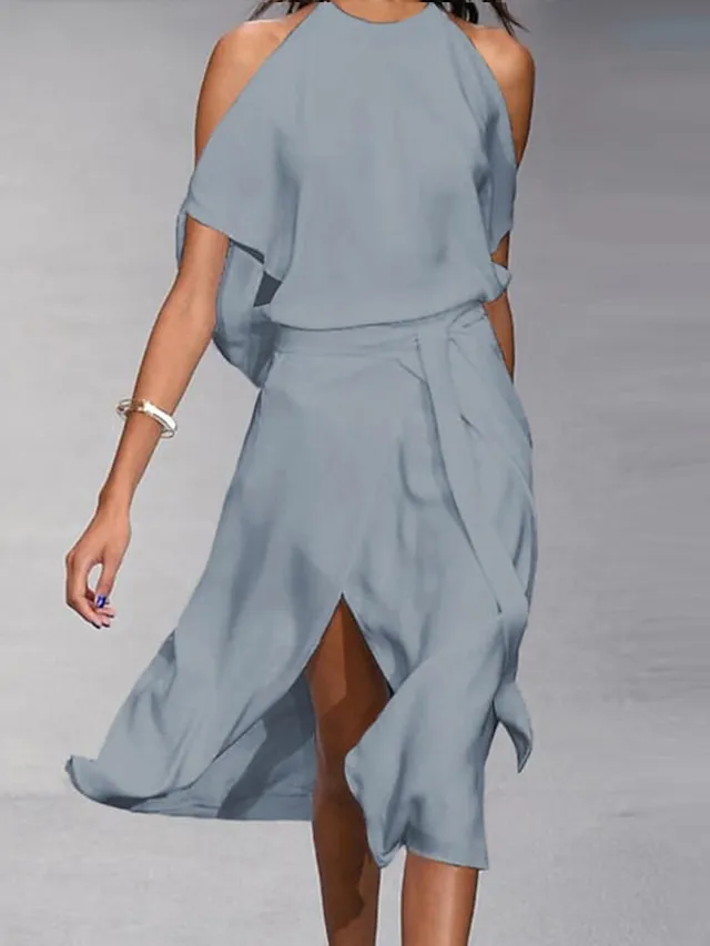 Women‘s A Line Dress Midi Dress White Black Gray Sleeveless Pure Color Split Spring Summer cold shoulder Personalized Stylish Elegant Loose 2023 S M L XL XXL