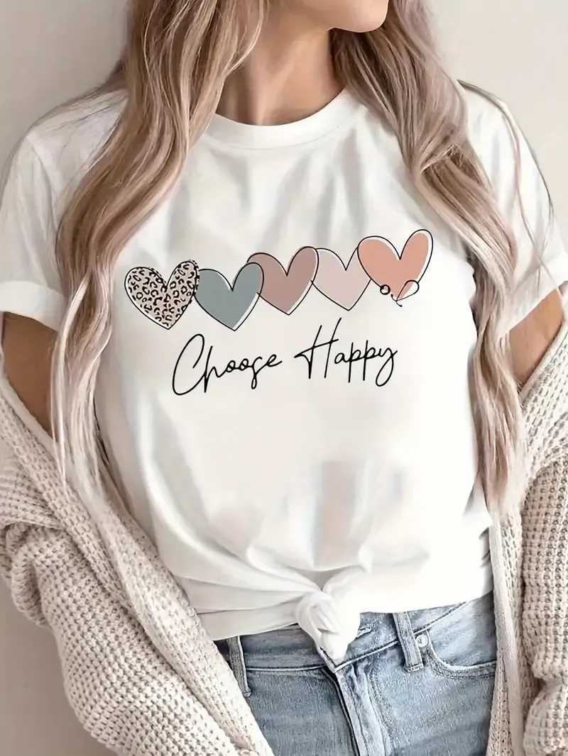 Plus Size Heart & Letter Print T-Shirt, Casual Short Sleeve Top For Spring & Summer, Women's Plus Size Clothing