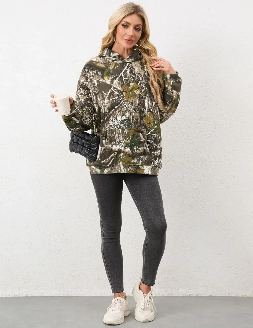 Womens Camo Hoodies Maple Leaf Print Oversized Hooded Sweatshirt Fleece Pullover Sweatshirts Long Sleeve with Pocket