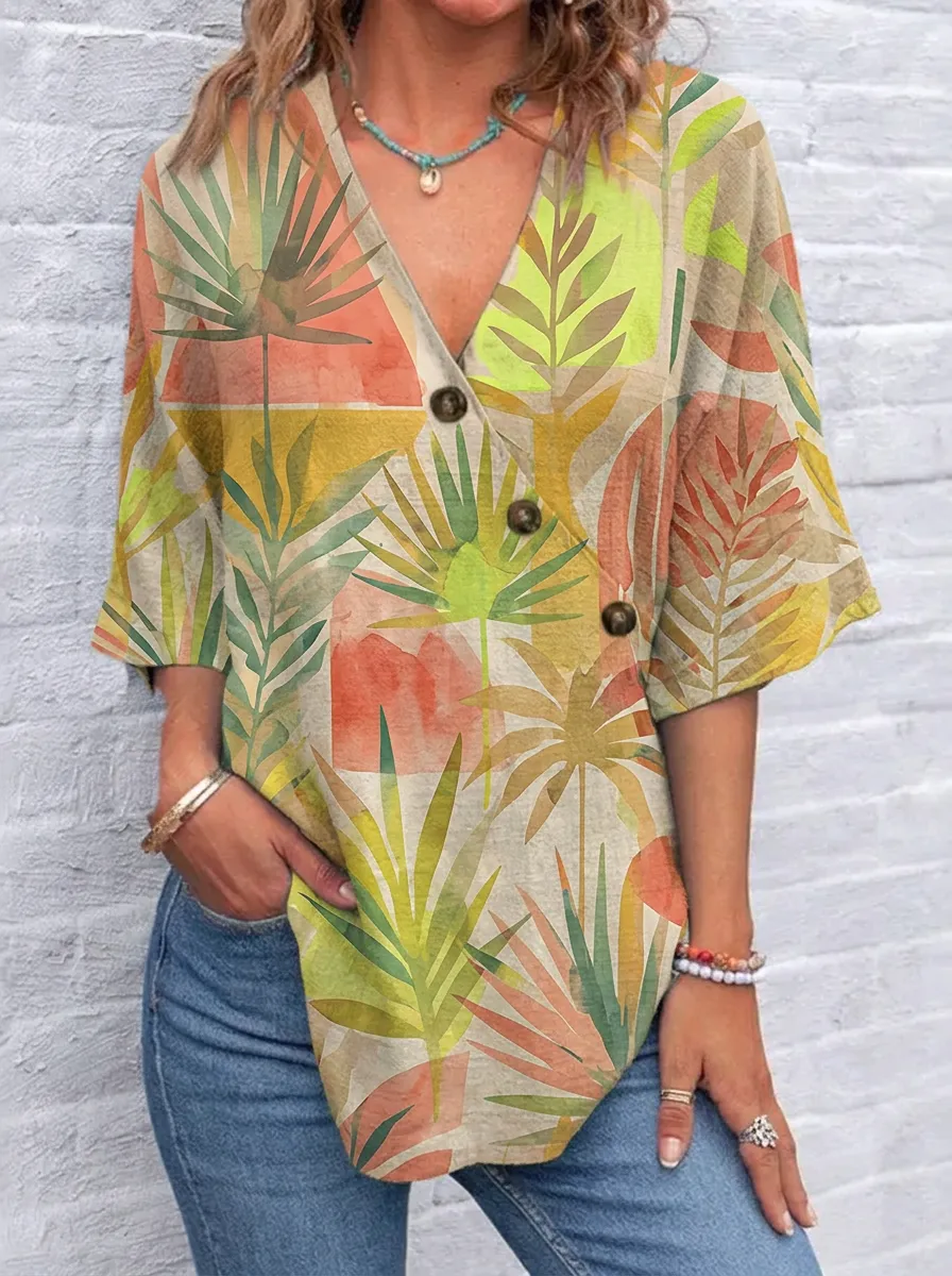 Women's Nashville Tropical Palm Leaf Printed V-Neck Button Top