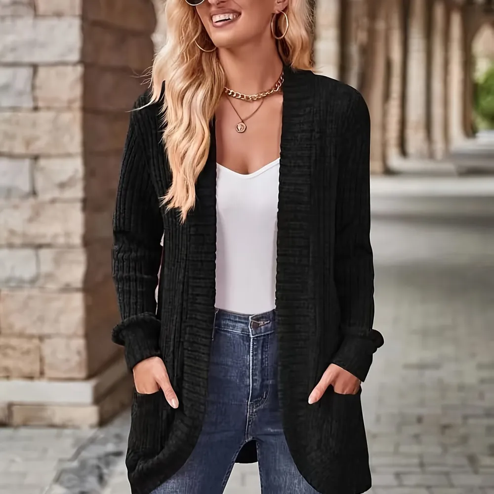 Relaxed Open Front Cardigan Casual Long Sleeve Drop