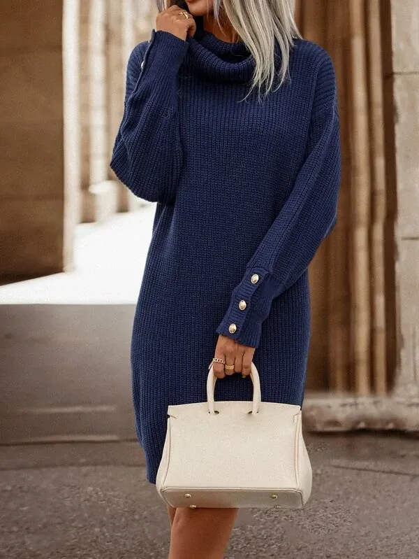 Cowl Neck Drop Shoulder Sweater Dress Without Belt