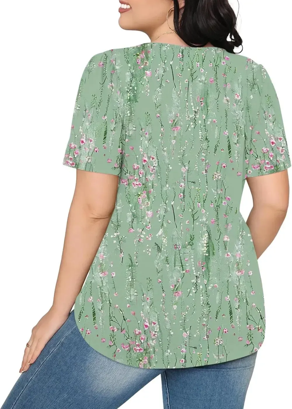 Womens Summer Pleated Front Shirts Tunics Casual Short Sleeved Loose Round Neck Boho Printed Tops Vacation Blouse