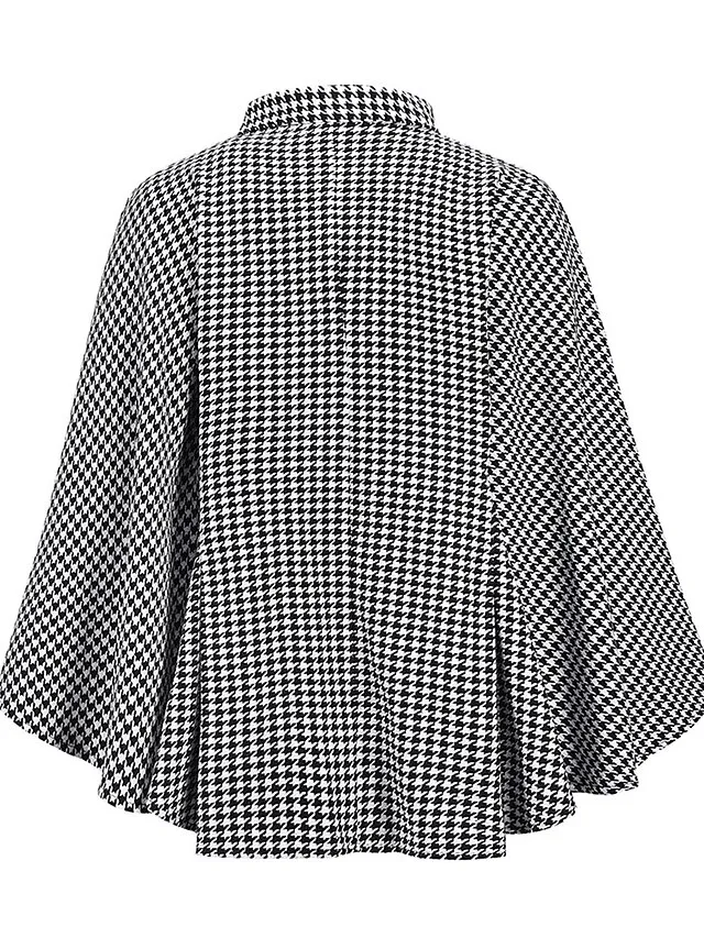 Women's Coat Cloak / Capes Winter Houndstooth Overcoat Fall Long Pea Coat with Belt Elegant Stand Collar Street Daily Wear Fashion Daily Casual Outerwear Long Sleeve Black