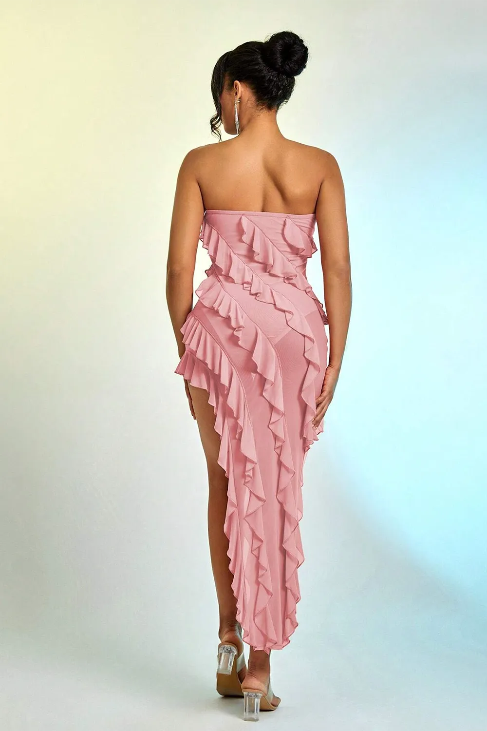 Ruffle Trim Asymmetrical Hem Mesh Tube Dress