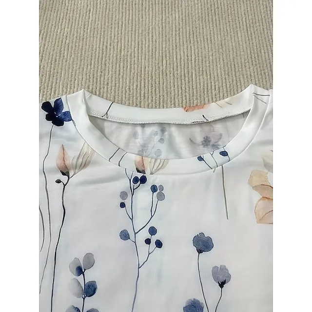 Women's T shirt Tee White Yellow Pink Floral Print Long Sleeve Holiday Weekend Basic Round Neck Regular Fit Floral Painting Fall & Winter