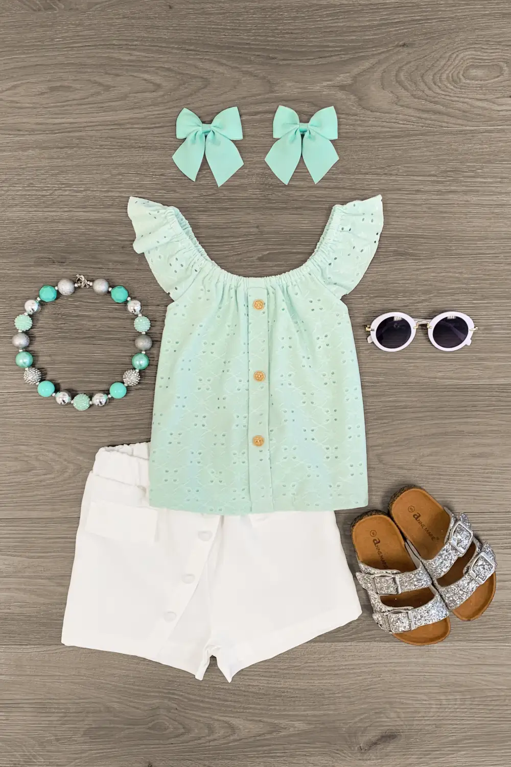 White & Mint Eyelet Lace Short Set