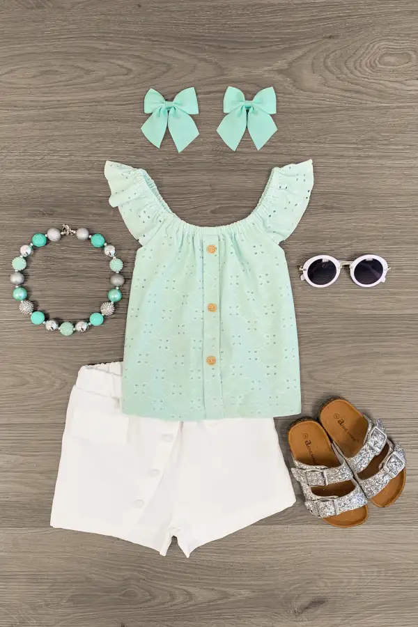 White & Mint Eyelet Lace Short Set