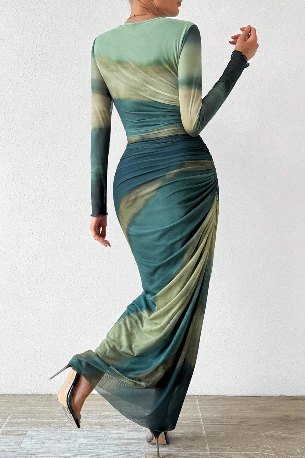 Women's Tie Dye Long Sleeve Pleated Dress Multicolor