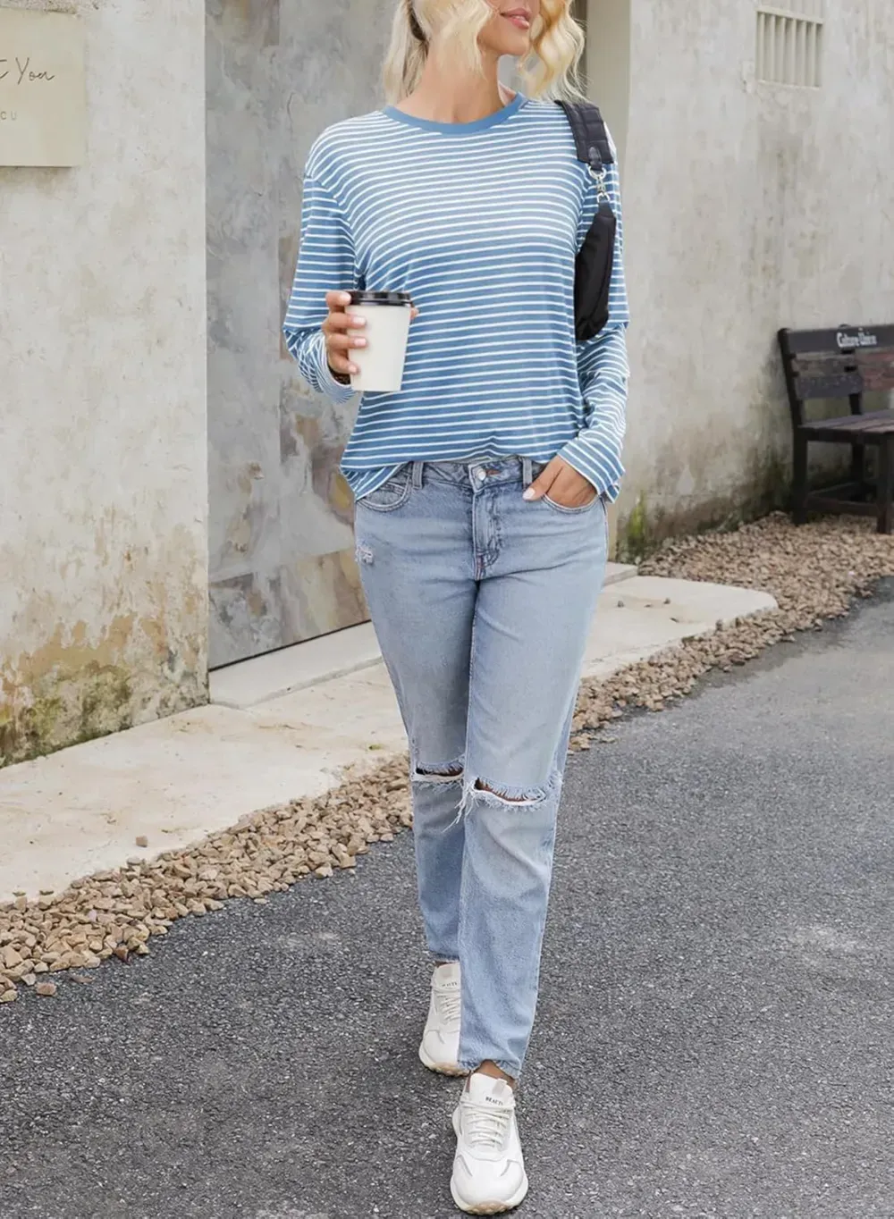 Dokotoo Women's Casual Striped Long Sleeve Tops Crew Neck Knit Ribbed Basic T Shirts