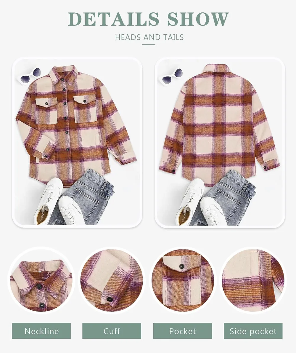 Women's Flannel Plaid Shacket Long Sleeve Button Down Chest Pocketed Shirts Jacket Coats