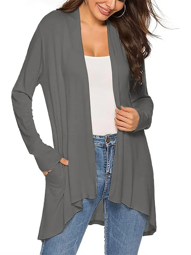 Women's Cardigan Sweater Open Front Ribbed Knit Knit Pocket Summer Fall Outdoor Daily Weekend Stylish Casual Soft Long Sleeve Solid Color Black White Wine S M L