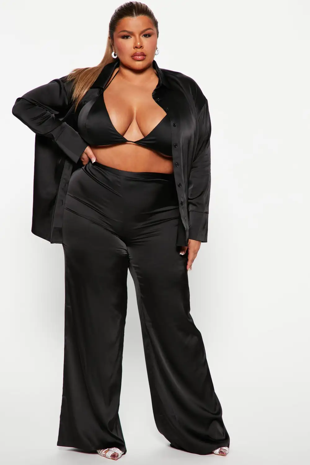Sexy In Satin 3 Piece Pant Set - Black