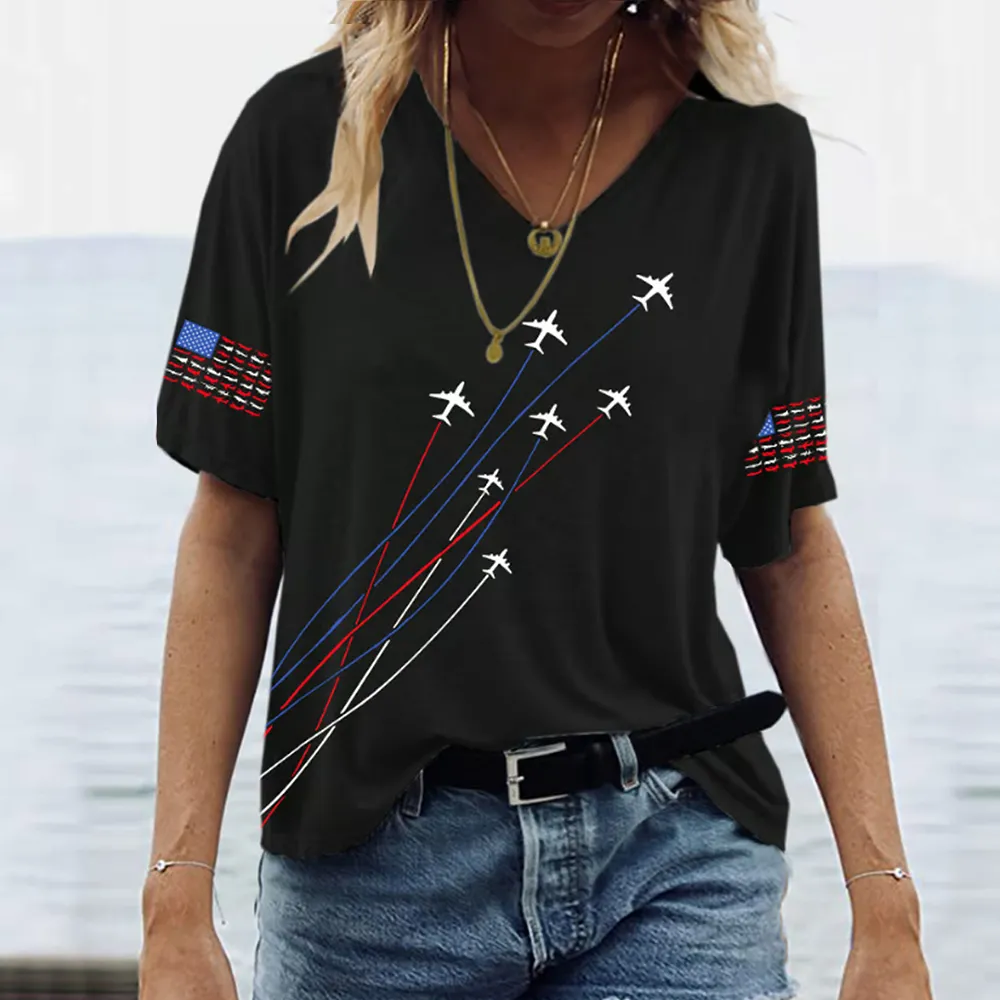 Women's Casual Independence Day Graphic Print V-neck Short Sleeve T-shirt