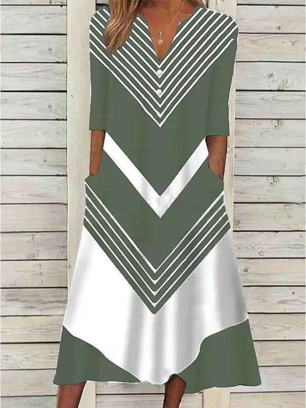 Women's Casual Dress Shift Dress Midi Dress Black and white stripes Green Dark Blue Half Sleeve Color Block Button Summer Spring V Neck Basic Vacation 2023 S M L XL XXL 3XL