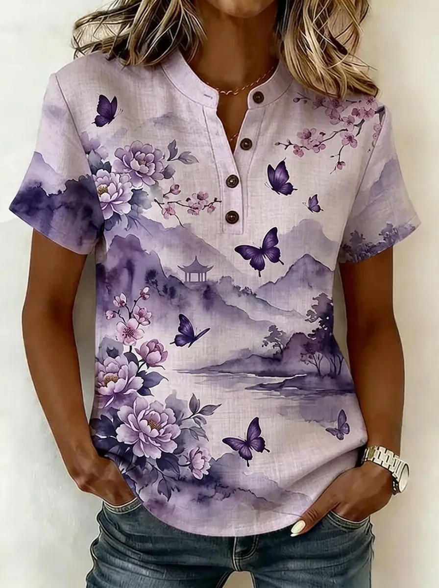 Women's Nashville Floral Butterfly Landscape Printed Henley Shirt
