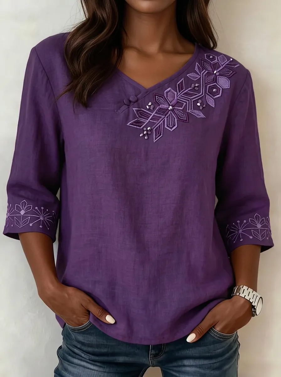 Women's Nashville Floral Geometric Embroidered Linen V-Neck Top