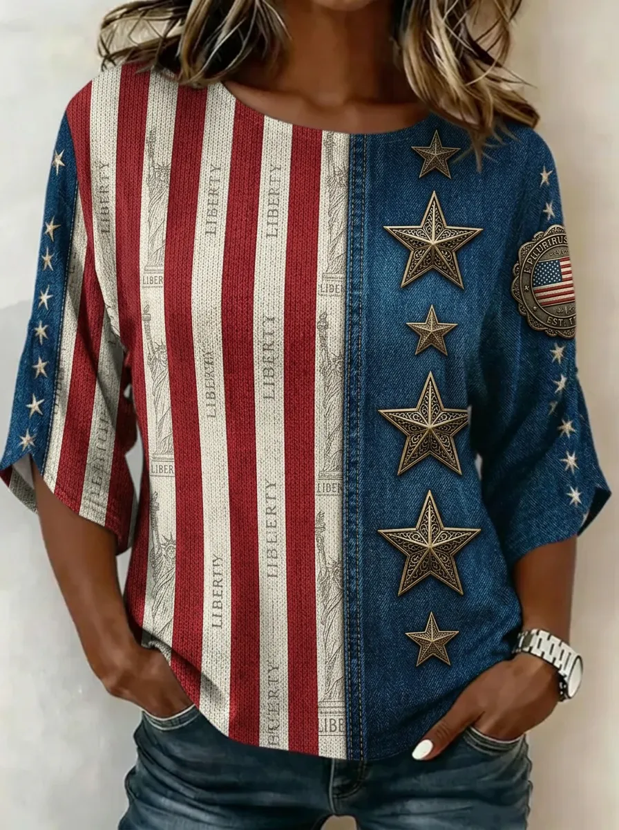 Women's Nashville American Flag Statue of Liberty Stars Printed Top