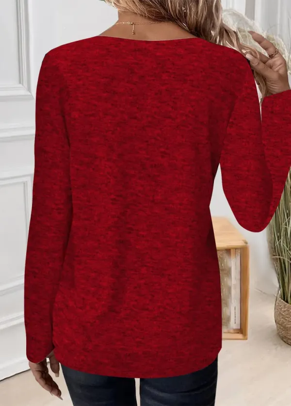 Red Patchwork Heart Print Long Sleeve T Shirt