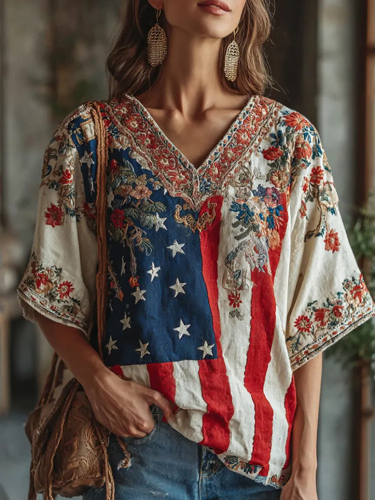 Women's Independence Day Flag Flower Embroidered Linen Blend T-shirt