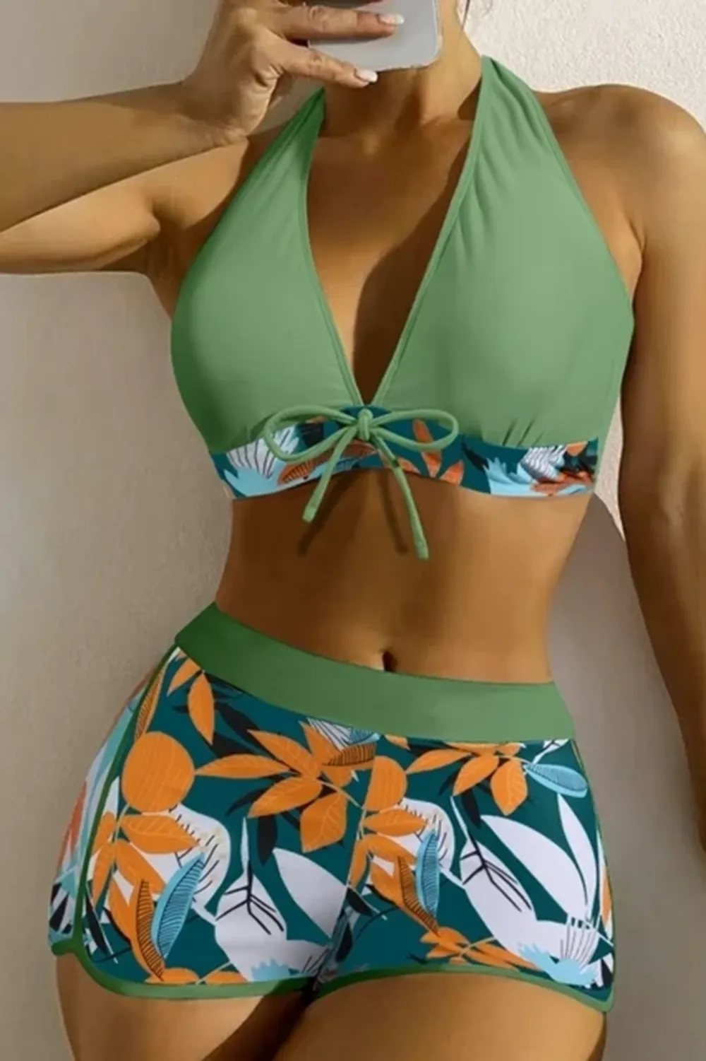 Sexy padded printed high-waisted patchwork swim trunks set