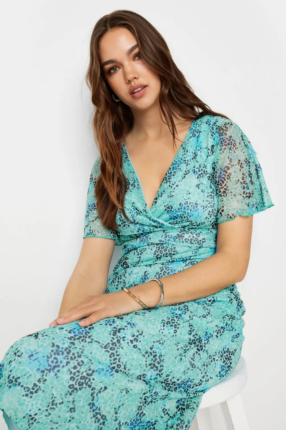 LTS Tall Blue Leopard Print Mesh Midaxi Wrap Dress