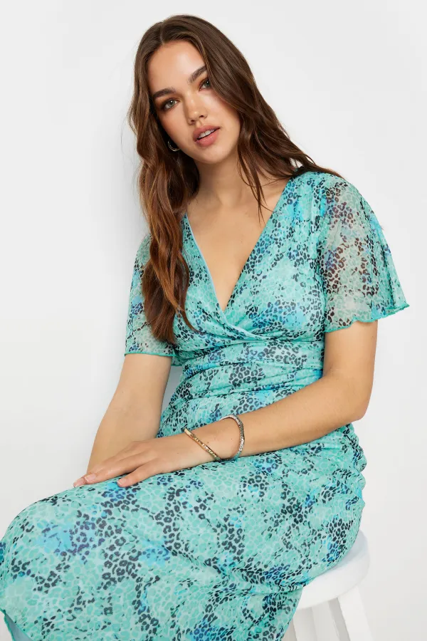 LTS Tall Blue Leopard Print Mesh Midaxi Wrap Dress