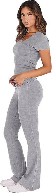 Women's Two-Piece Casual Set: Fitted Short-Sleeve Top with Bell-Bottom Pants