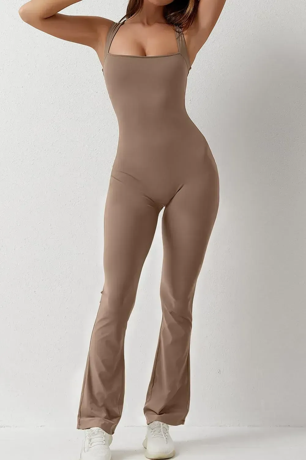 Flare Jumpsuits for Women Strappy Square Neck Bodycon Full Length Long Pants Casual Playsuit