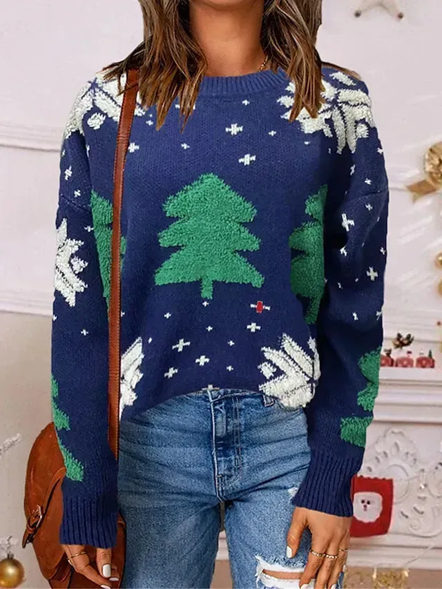 Women's Ugly Christmas Sweater Pullover Sweater Jumper Crew Neck Ribbed Knit Polyester Patchwork Fall Winter Regular Outdoor Xmas Daily Stylish Casual Soft Long Sleeve Elk Striped Snowflake