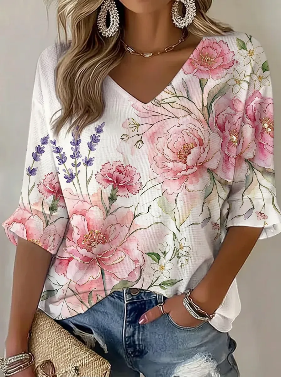 Women's Nashville Floral Watercolor Printed V-neck Top