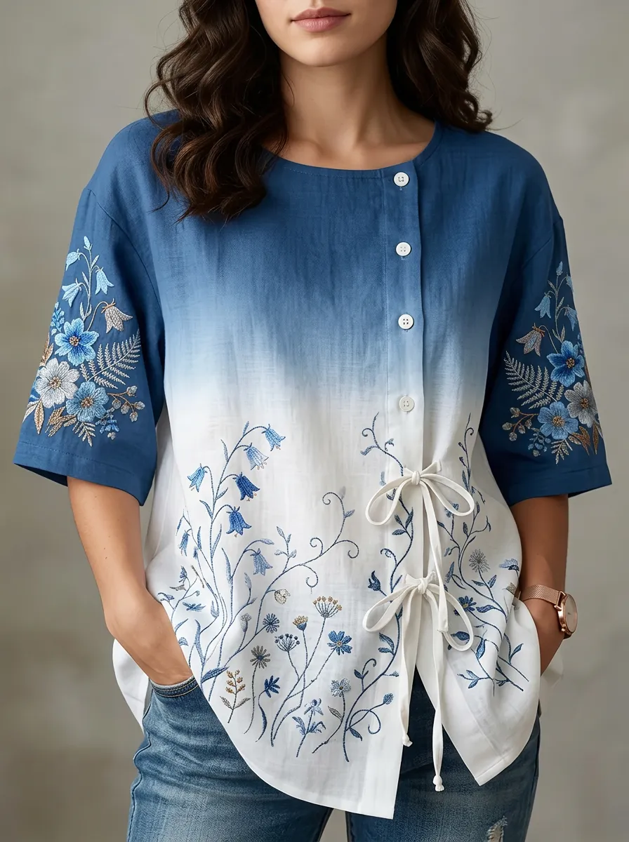 Women's Nashville Floral Embroidery Ombre Printed Top