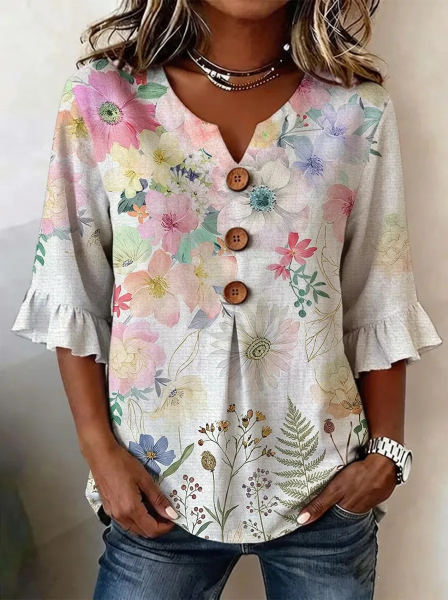 Women's Nashville Floral Botanical Printed V-Neck Ruffle Sleeve Top