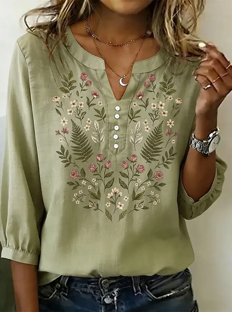 Women's Nashville Floral Fern Printed V-Neck Button Top
