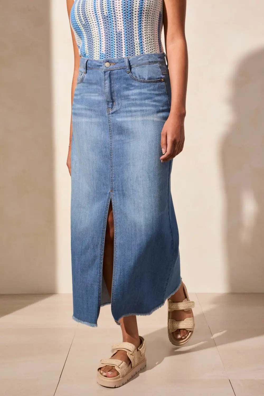 Full Length Slit-Accent Denim Skirt-Coastline