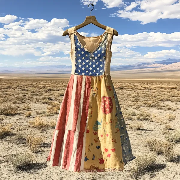 Women's Independence Day Flag Floral Cotton And Linen Dress