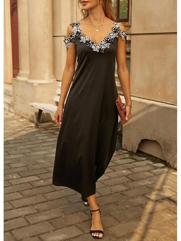 Women's Casual Dress Black Dress A Line Dress Long Dress Maxi Dress Polyester Fashion Casual Outdoor Daily Going out Strap Lace Patchwork Sleeveless Summer Spring 2023 Regular Fit Black White Green