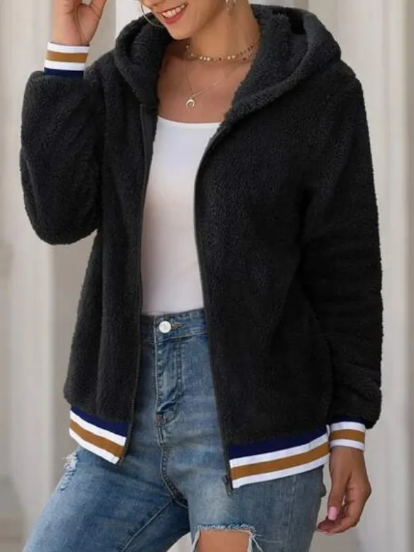 Striped Zip Pocket Hooded Cotton Jacket