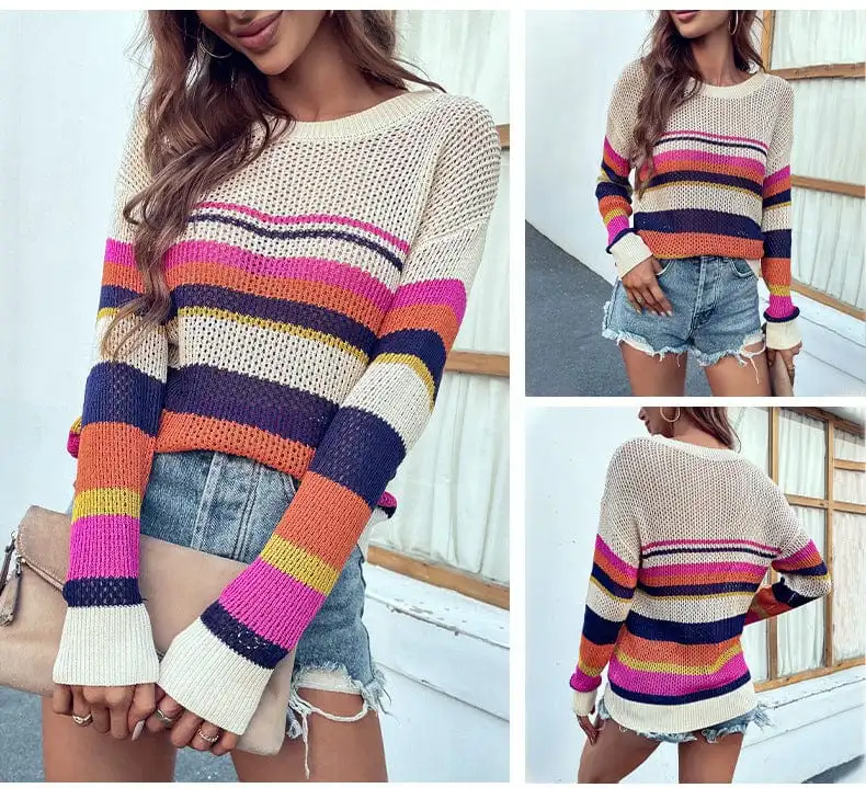 Bohemian Striped Knit Pullover Sweater
