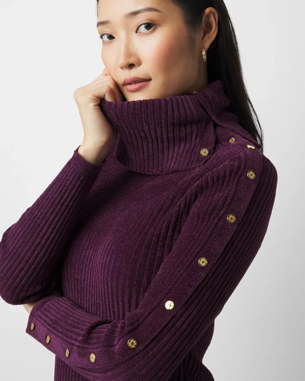 Petite Chenille Button Sleeve Pullover