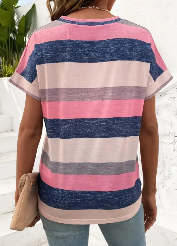 Multi Color Pocket Striped Short Sleeve T Shirt