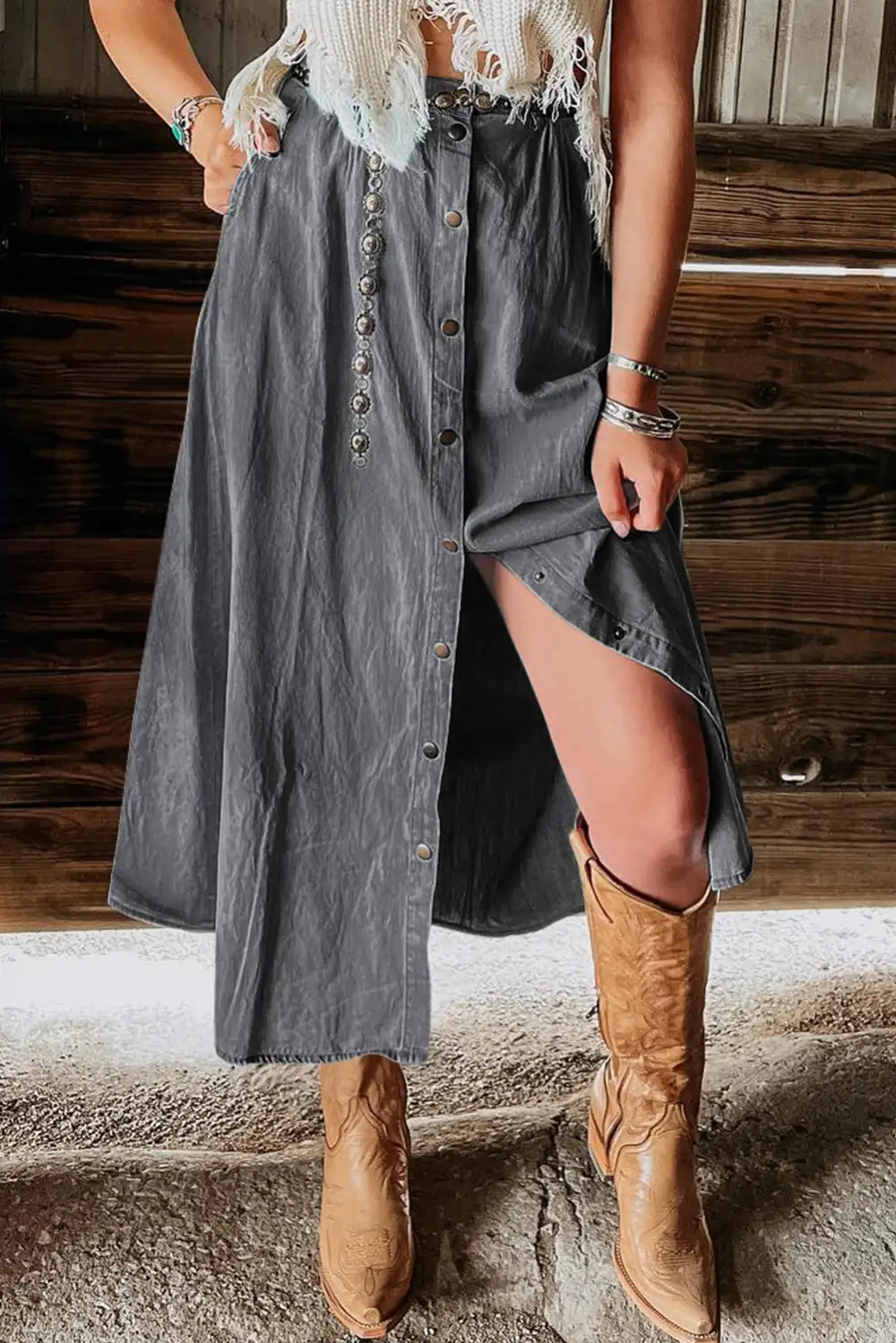 Denim Button Front Fully Skirt
